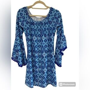 Resort Mini Pom Pom Dress with Bell Sleeves Blue Sz M